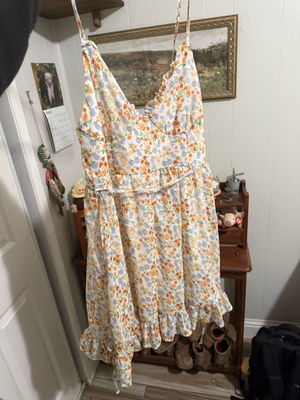 Fashion Nova White Floral Midi Slip Dress with Orange & Lavender Blooms